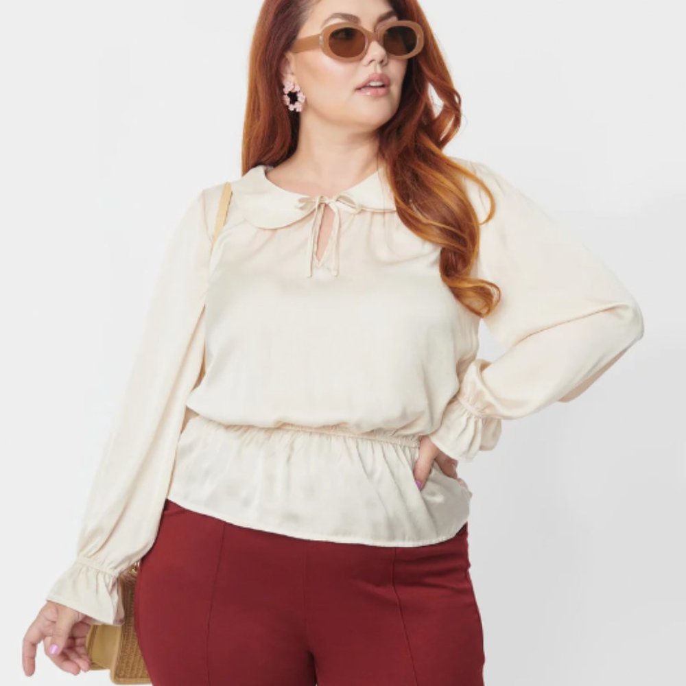 Unique Vintage Champagne Satin Peplum Blouse
